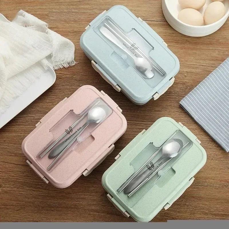 Microwave Lunch Box for Children Portable School Office Bento Box with Tableware Spoons Chopsticks Wheat Straw Food Box