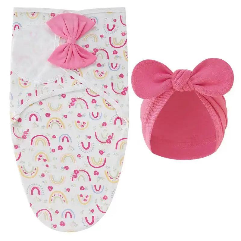 Baby Blanket Hat Set Cartoon Printed Cotton Newborn Swaddle Adjustable Infant Sleeping Swaddle Wraps All Seasons 0-6 Months