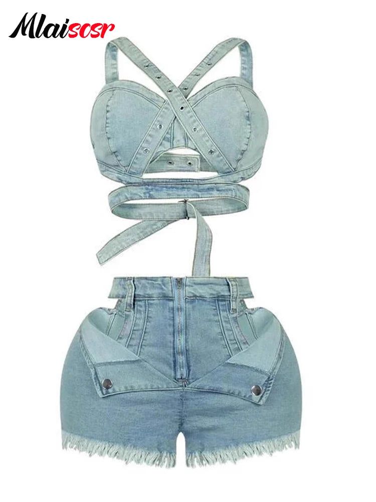 Mlaiscsr Denim 2 Piece Set Women Jeans Suits Sexy Hollow Out Bandage Tank Crop Tops and Shorts Beach Party Y2K Night CLubwear