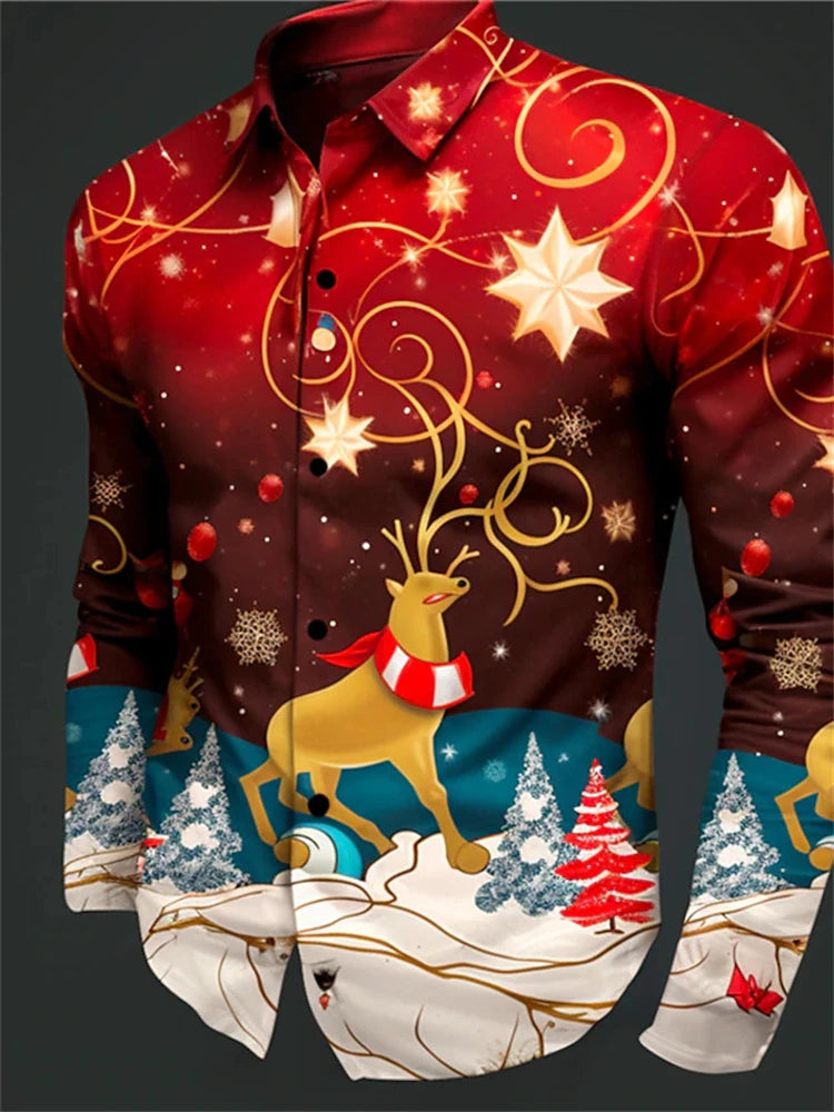 Gift Christmas Tree Print Men's Long Sleeve Shirt Urban Street Men's Fashion Christmas Shirt Autumn And Winter Casual Mens Shirt