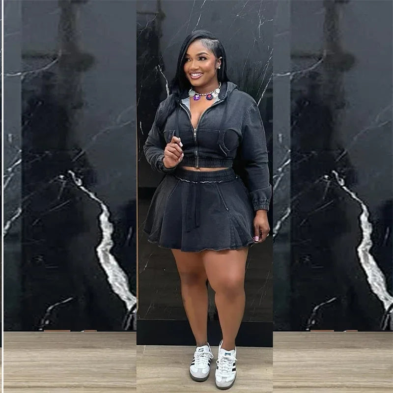 Streetwear Denim Set Woman Two Piece Outfit Casual Zipper Hooded Jacket Top and Mini Skirt Jeans Matching Sets Ensemble Femmes