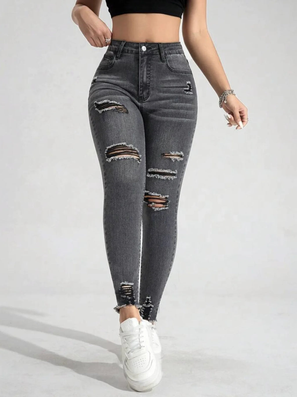 New In Women Fashion Mid Waist Ripped Hole Jeans Casual High Street Denim Pants Sexy Frayed Slim Fit Pencil Pants for Women