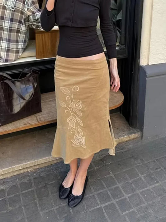 Summer Vintage Printed Long Skirt Female High Waist Commute Side Split Elegant Contrast Clothes Women's Slim Maxi Skirt 2026 New