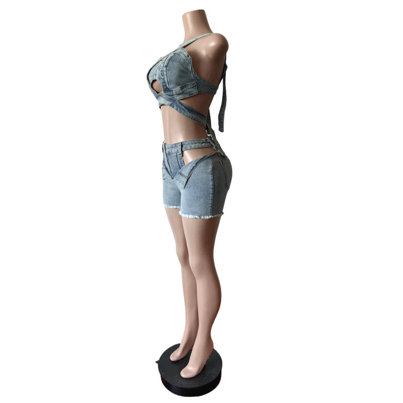 Sexy Jean 2 Piece Sets Women Outfit Summer Clothes Women 2024 Strapless Hollow Out Vest Top + Shorts Sets Street Denim Woman Set