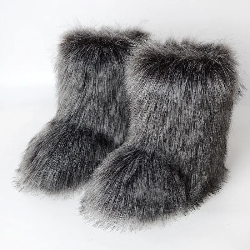 Women's Winter Snow Boots Outdoor Luxury Furry Faux Fox Fur Boots Woman Plush Warm Platform Shoes New Fashion Bottes Big Size 46