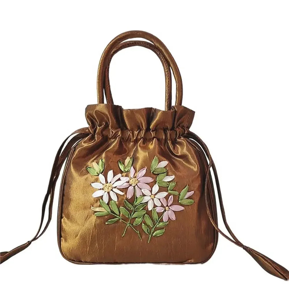 Retro Elegant Satin Silk Embroidery Totes for Women Floral Drawstring Handbag Hanfu Woman Purse Wallet Small Tote Bags