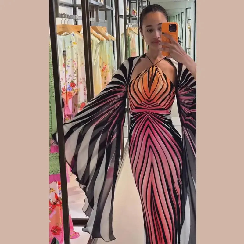 Printed Batwing Sleeve Halter Party Dress Women's Sexy Backless Full Sleeved Maxi Dresses 2026 Autumn Lady Evening Gown