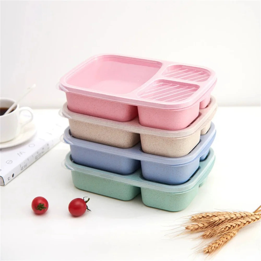 1/4pack Bento Lunch Box Set 3 Compartment Food Storage Containers Wheat Straw Meal Prep Lunch Box Plastic Food Storage Container