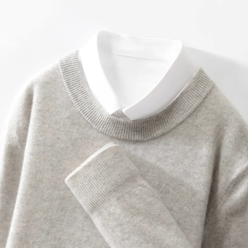 100% wool men's round neck solid color loose knit cashmere pullover for business and leisure, keeping warm in autumn and winter