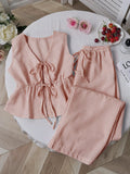 2026 European‑style Summer Solid‑Color Striped Outfit, Tie‑Strap Tank Top & Loose Trousers, Casual Sweet Two‑Piece Set