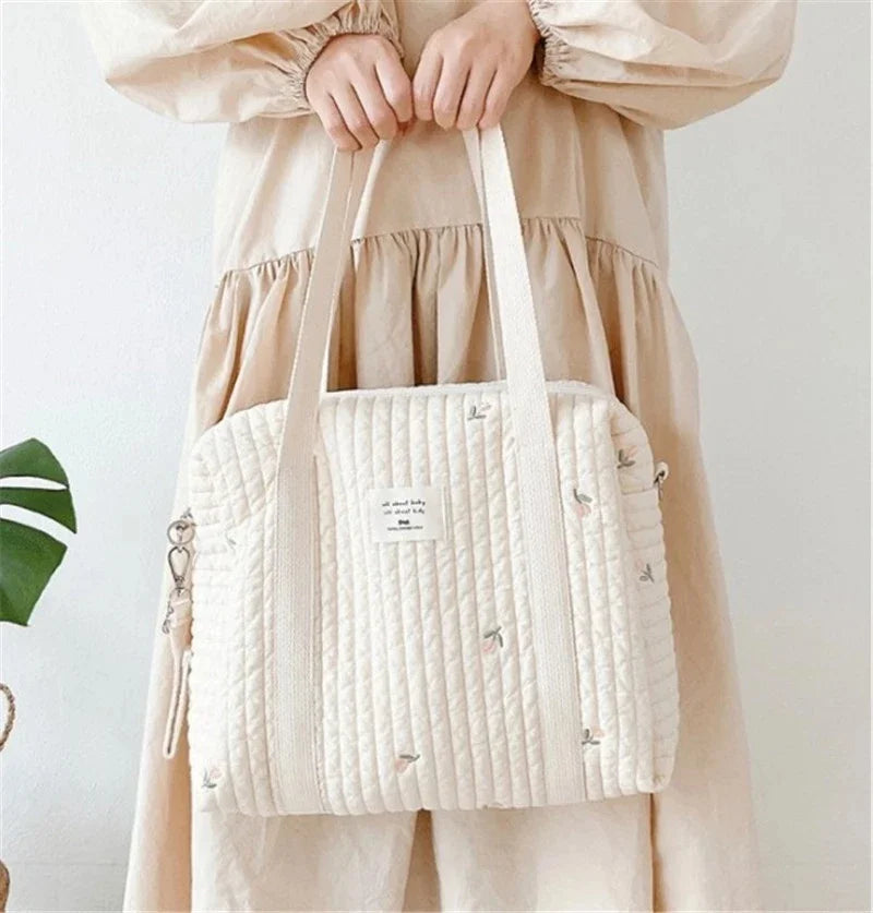 Korea Style Newborn Baby Care Diaper Mummy Shoulder Bag Embroidery Quilted Stroller Diaper Storage Organizer Large Handbags