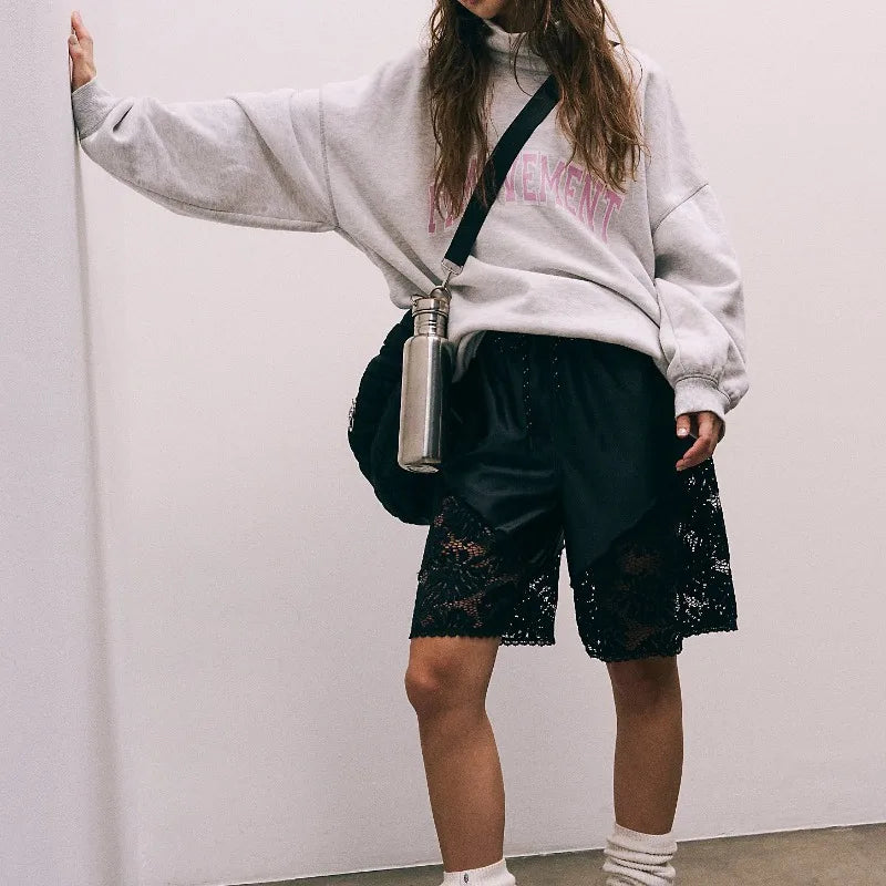Womens Lace Patchwork Sweat Shorts Casual Summer Loose Mid Length Pants Drawstring Waist Lounge Running Walking Workout Shorts