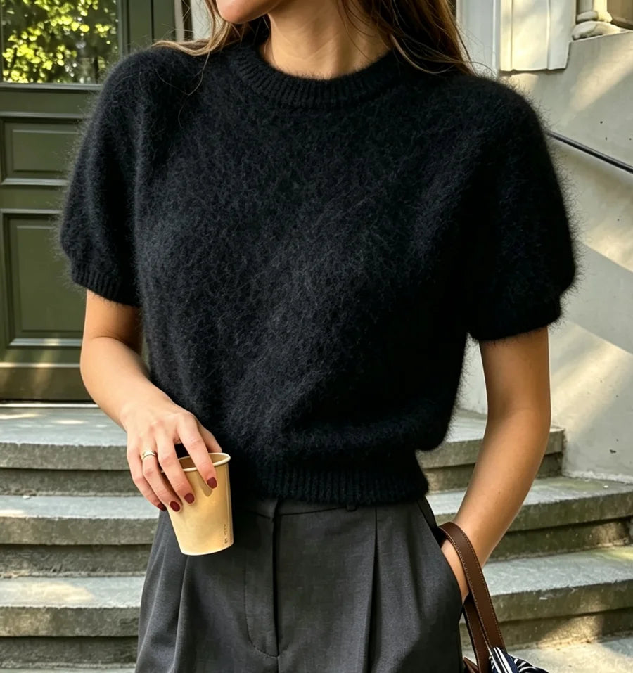 Bornladies Women's Furry Short Sleeved New Series Round Neck Soft Slim Basic Top Suitable for Daily Commuting Wearing Pullover