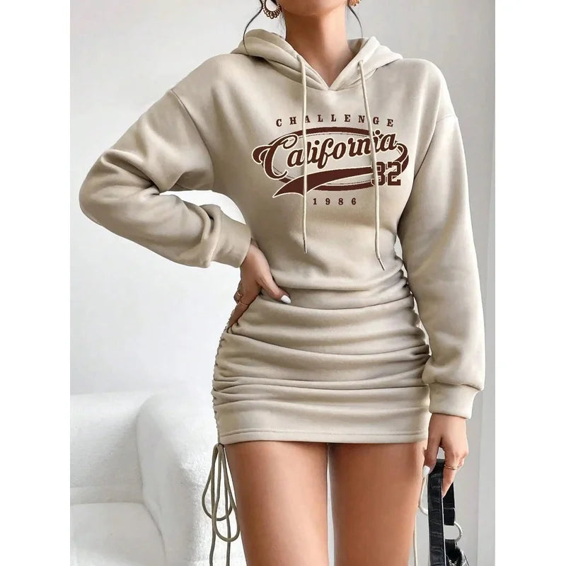 Women's Casual Long Sleeve Hooded Dress Solid Color Pattern Short Outdoor Wear for Daily Use