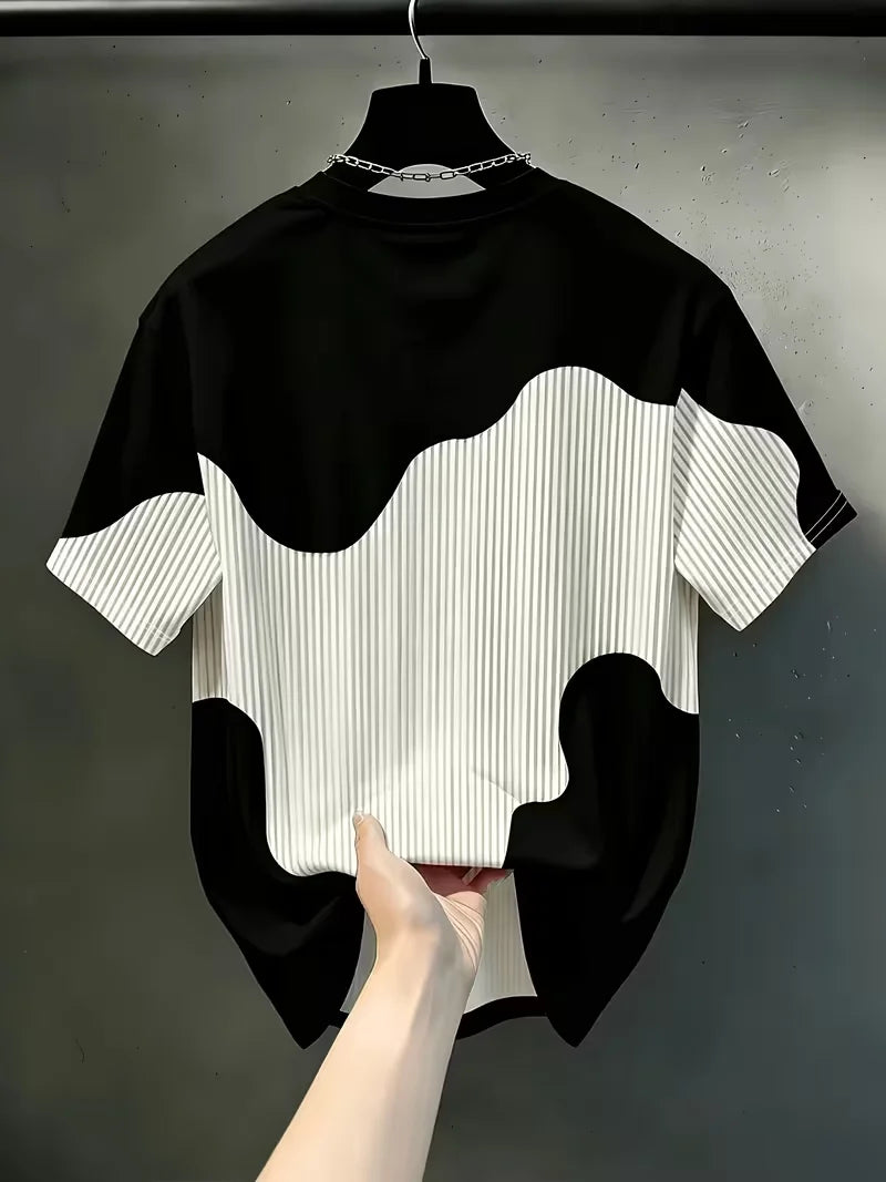 Men'S Casual Round Neck T-Shirt, Geometric Pattern Patchwork Striped Design, "Chicago" Word Pattern Top