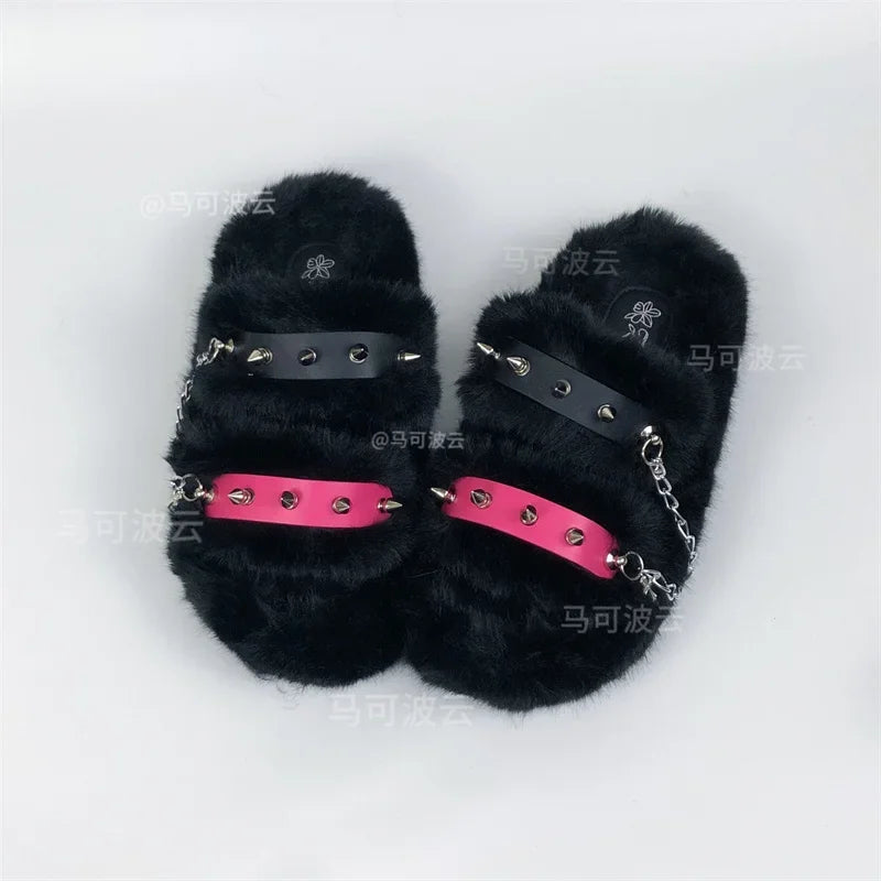 Y2K style winter outdoor shoes for women Faux fur warm slippers Fashion rivet Punk shoes