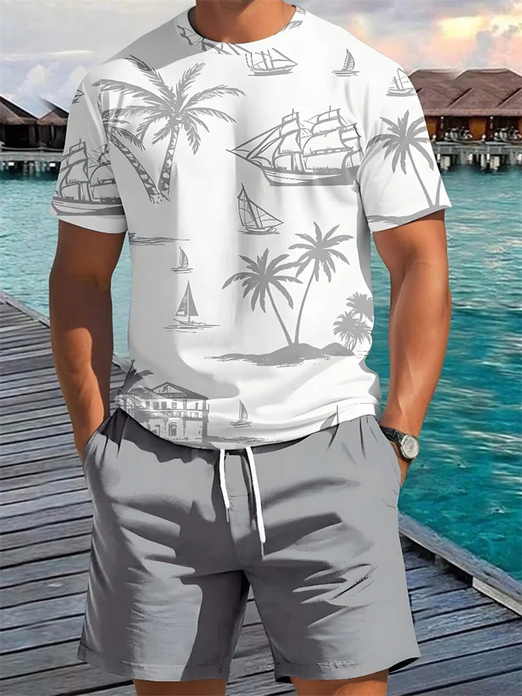 Summer New Men's Short-sleeved Hawaiian Print Two-piece Beach Vacation Breathable Short-sleeved With Drawstring Loose Shorts