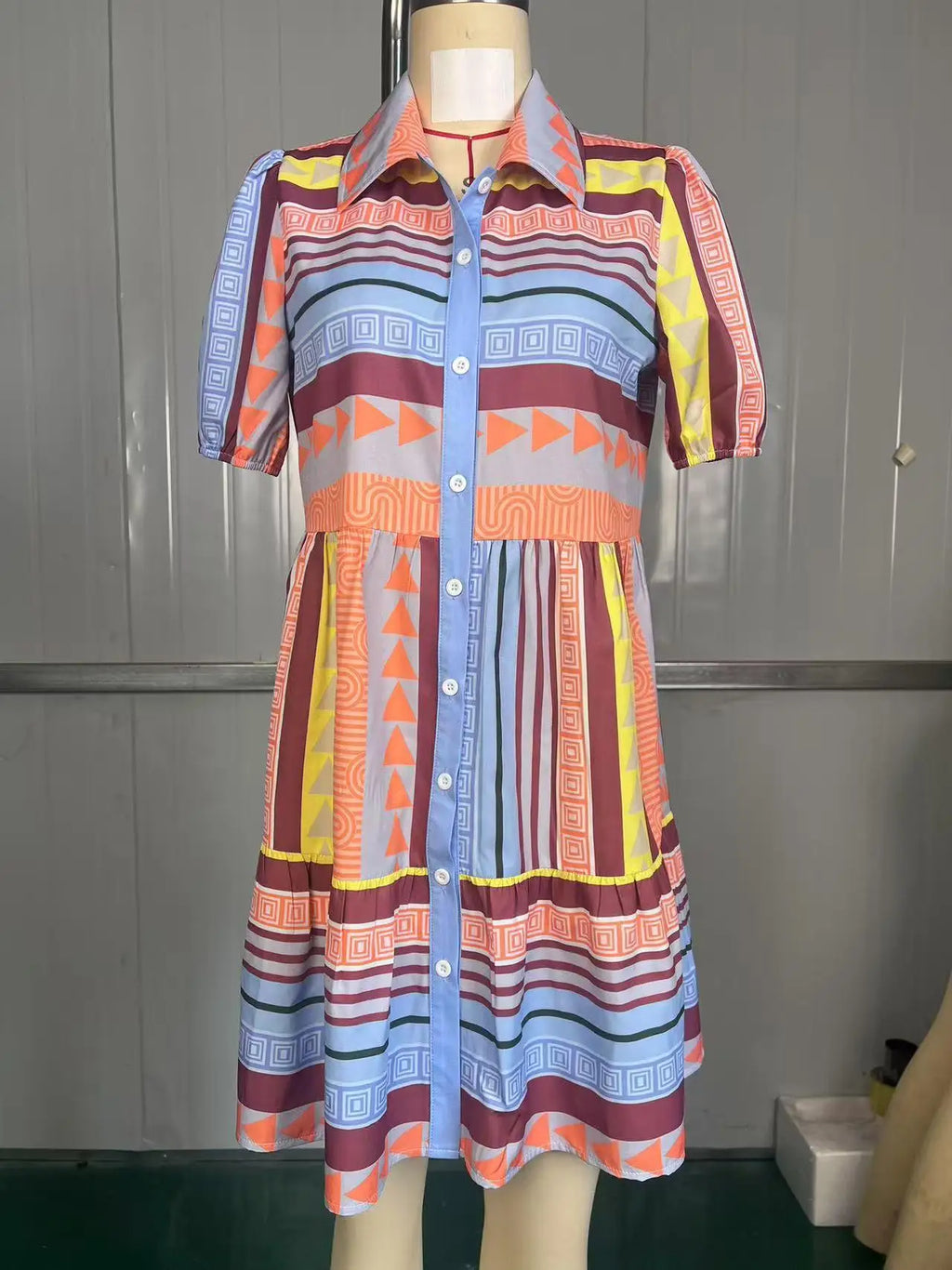 Fashionable Print Ethnic Style Women's Dress Stand Collar 3/4 Sleeve Loose Fit Midi Dress Polyester Cotton Blend Sleeve