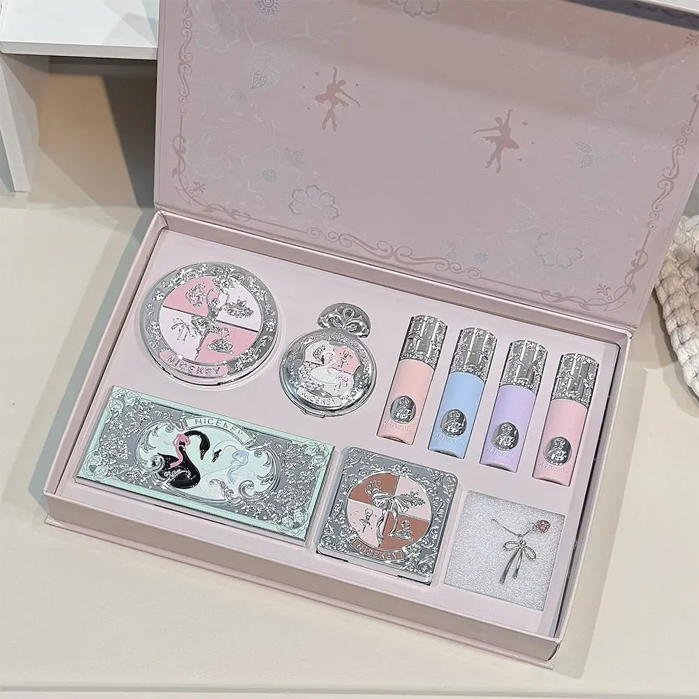 NICEKEY Face Makeup Sets Include 4 Lipgloss,1 Blush,1 Pressed Powder,1 Eyesshadow Palette,1 Contour Palette With Necklace Gift