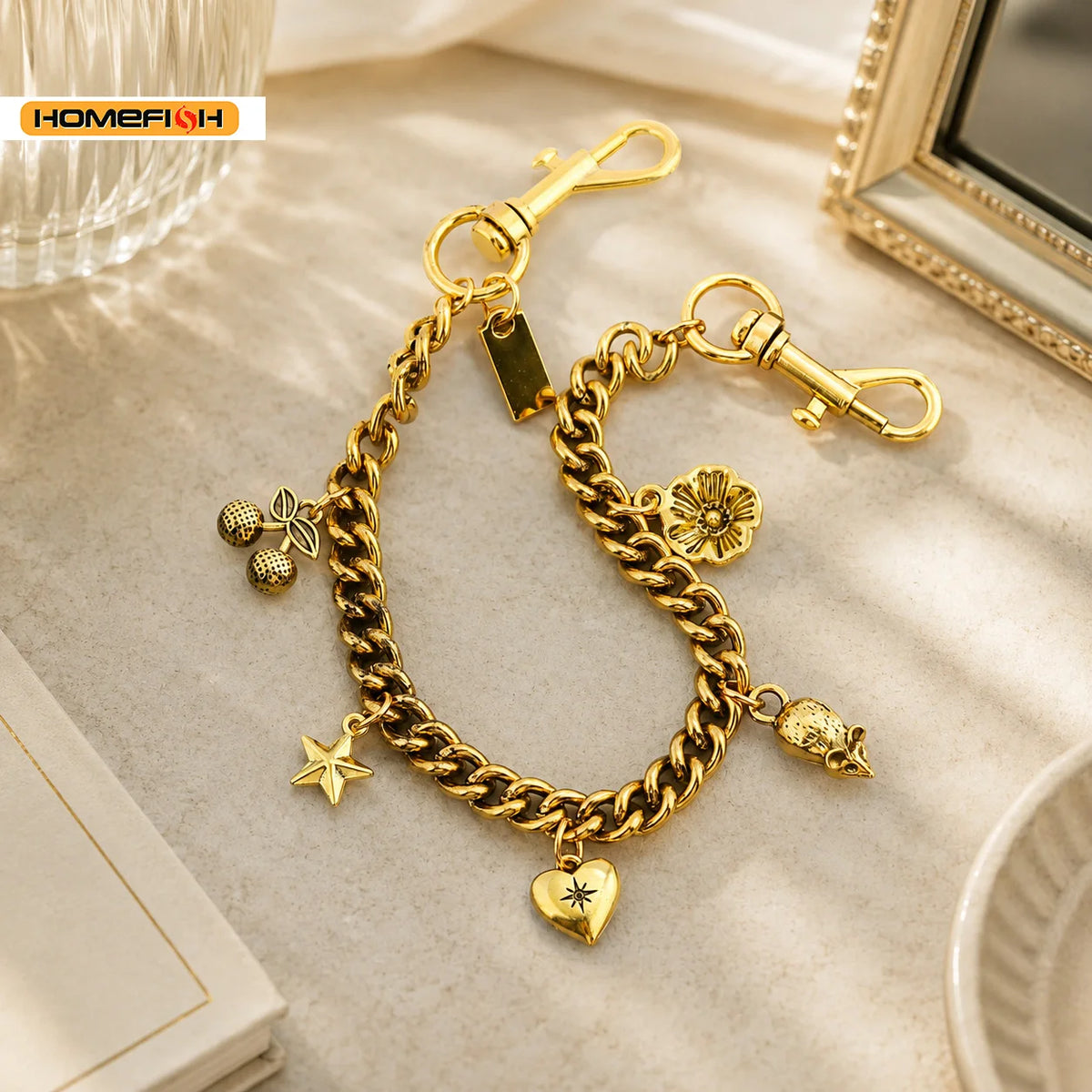 HOMEFISH Vintage Alloy Bag Hanging Chain Multi‑Charm Pendant Cherry Flower Star Moon Heart Decor for Handbag DIY Accessory