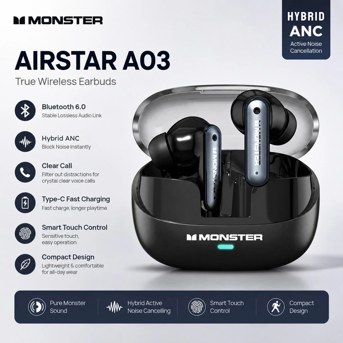 Monster A03 ANC Earbuds Bluetooth 6.0 Active Noise Cancelling Headphones Powerful Deep Bass Sport TWS Wireless Earphone with Mic