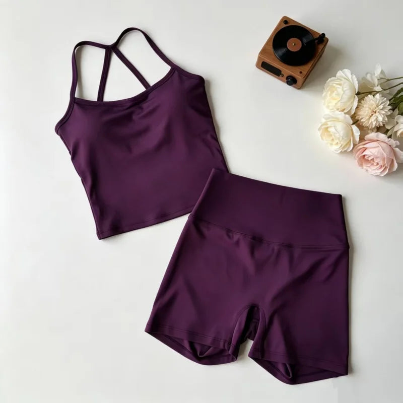 Yoga 2Pcs Women Naked Skin Set Thin Strap Beauty Back Tank High Waist Butt Lift Shorts Soft Breathable Gym Fitness Outfit