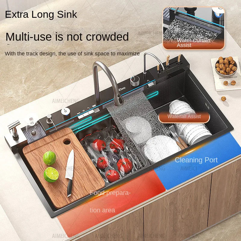 2026 Tiktok Newest Design 30 Inch Waterfall Faucet Black Bionic Honeycomb 304 Stainless Steel Big Single Bowl Kitchen Sink