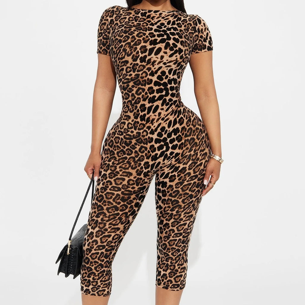 Custom LOGO women's clothing 2025 summer new leopard print short-sleeved backless slim-fitting fashion jumpsuit