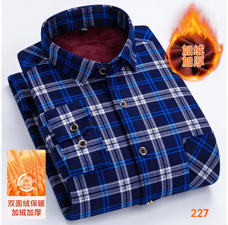 2025 Men's Winter Warm Shirts Long Sleeve Plaid Print Flower Autumn Thickened Fleece Street Trend Casual Dress Shirts 8XL 7XL