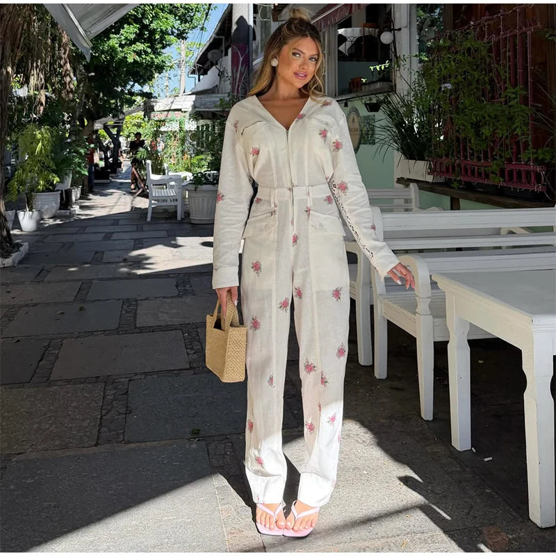 Casual Women's Jumpsuit V-neck Full Sleeve Zipper Straight Print Floral Female Jumpsuits 2026 Summer Fashion Chic Lady Outfit