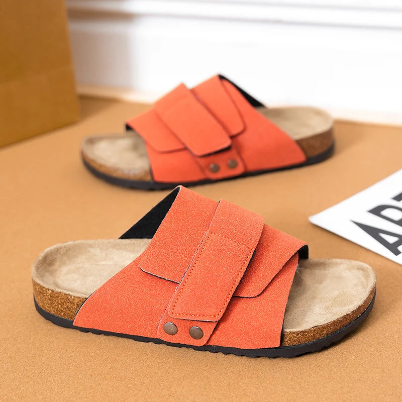 Men Women Clogs Suede Leather Cork Slippers Comfort Footbed Adjustable Open Shoes Slide Sandals Indoor Home Outdoor for Couples