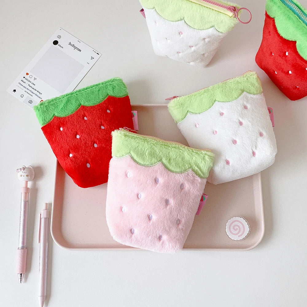 Sweet Cute Strawberry Zipper Plush Makeup Bag Fashion Girl Portable Large Capacity Travel Storage Lipstick bag Student Pen Bag