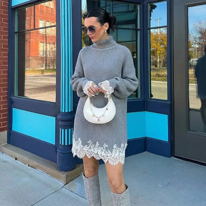 Elegant Women's Dress Stand Collar Full Sleeve Solid Lace Patchwork Knitted Female Dresses 2025 Winter Fashion Cozy Lady Robes