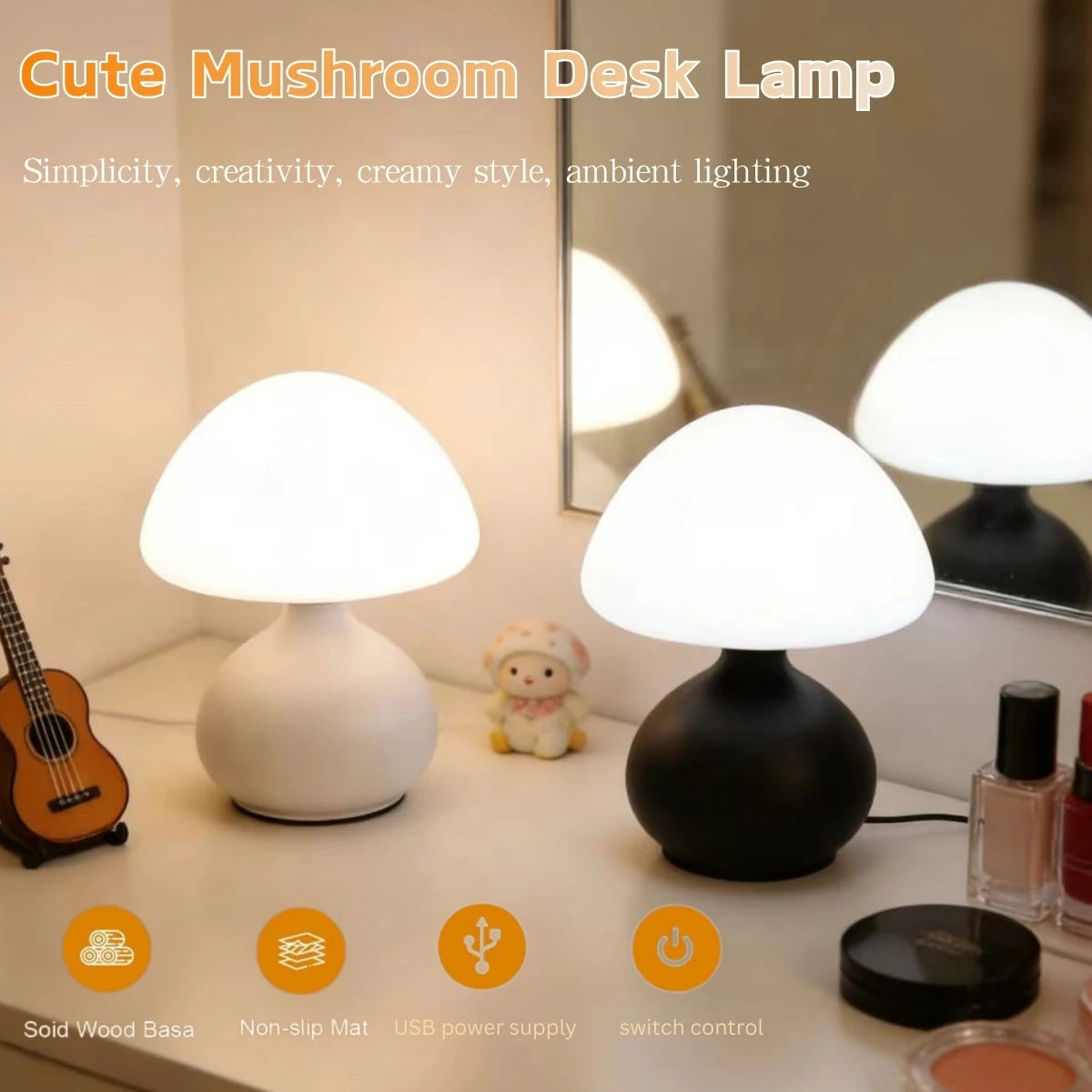 USB Powered Mushroom Table Lamp, Ambient Light, Bedroom Modern Simple and Atmospheric Table Lamp, Small Night Light, Decorative