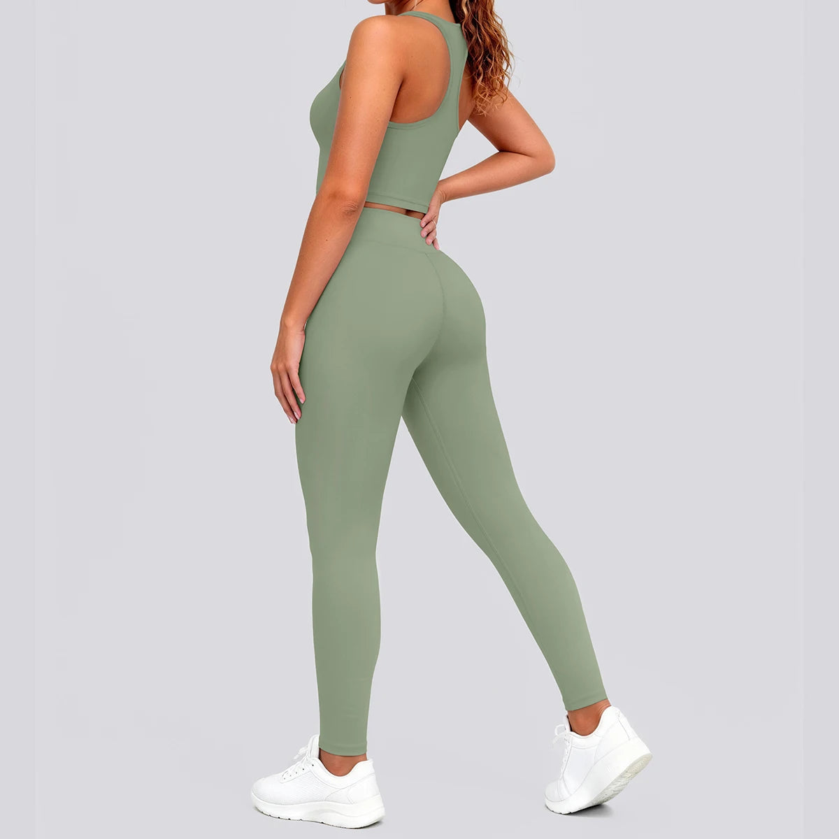 2PCS Solid Color Yoga Set for Woman's Gather Beautiful Back I-shaped Vest Shock-absorbing Running Yoga Tank Top Push Up Pants