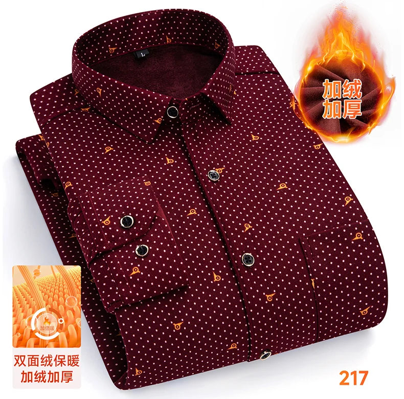 2025 Men's Winter Warm Shirts Long Sleeve Plaid Print Flower Autumn Thickened Fleece Street Trend Casual Dress Shirts 8XL 7XL