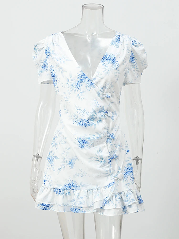 Elegant Print Low-cut Ruffle Short Dress Women V-neck Short-sleeved Waist Cinching Pleated Mini Dresses Casual Party Vestidos