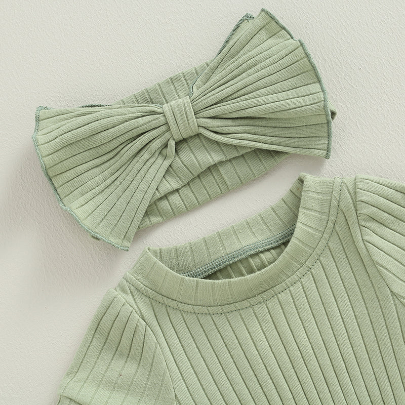 Newborn Baby Girl 2 Pcs Jumpsuits Clothing Suit Infant Summer Short Sleeve Knitted Romper with Bow Headband Set Toddler Clothes