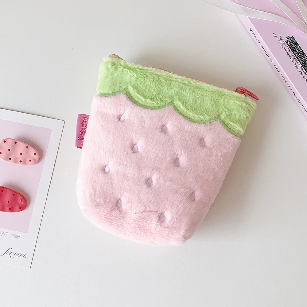 Sweet Cute Strawberry Zipper Plush Makeup Bag Fashion Girl Portable Large Capacity Travel Storage Lipstick bag Student Pen Bag