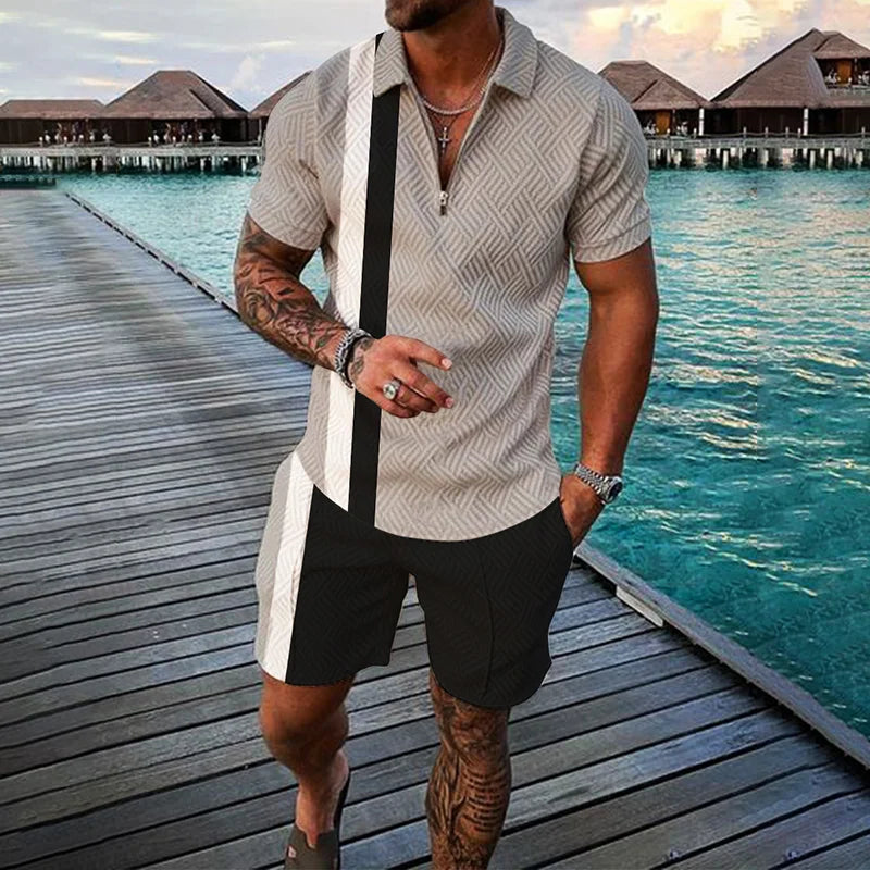 Men Zipper Polo Shirt Suit 2 Pcs Tracksuit Summer 3D Print Beach Boho Geometric Style Holiday Clothing Ensembles De Sport