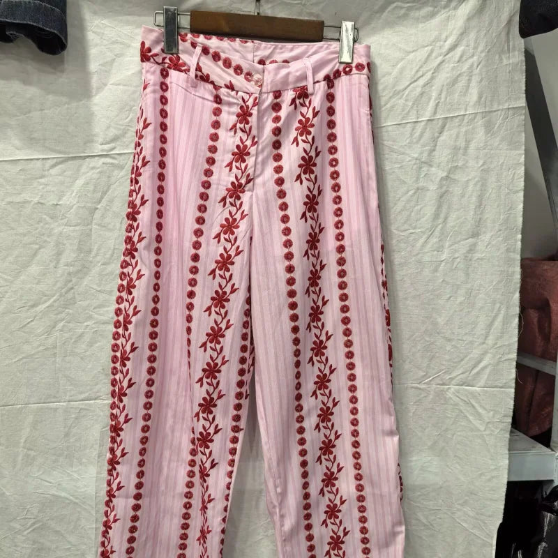 Hollow out Embroidery Long Pants Woman High Waist Flower Loose Straight Versatile Trousers Casual Street Lady New Fashion Pants