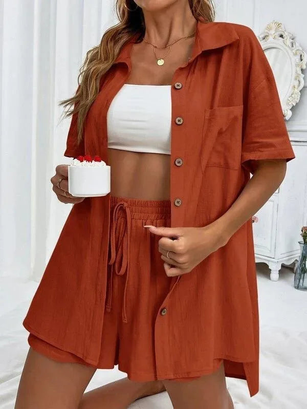 Solid Color Casual Fashion Loose Short Pants Sets For Women Elegant Summer Women's Long Sleeve Single breasted Two Pieces
