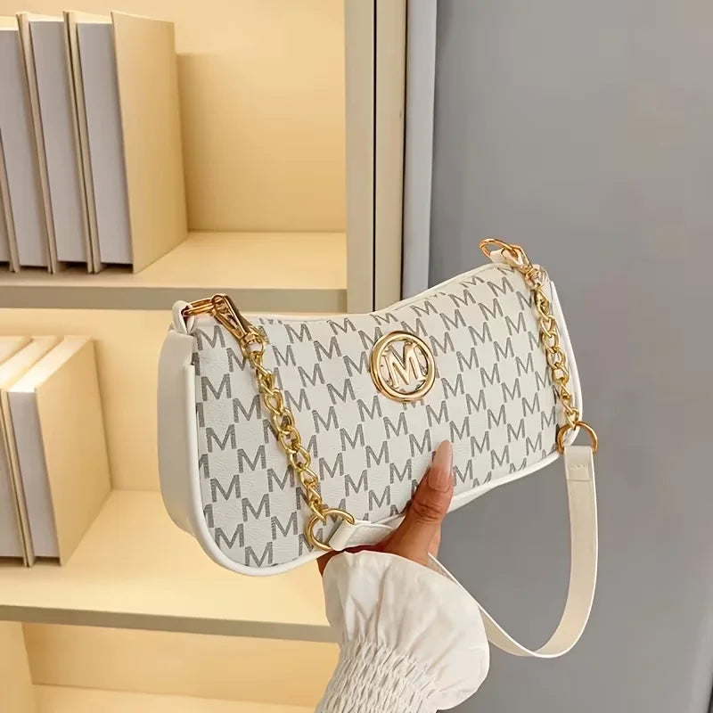 Women Vintage M Monogram Shoulder Bag Gold Chain PU Leather Crossbody Baguette Bag Casual Underarm Handbag For Ladies Daily Use