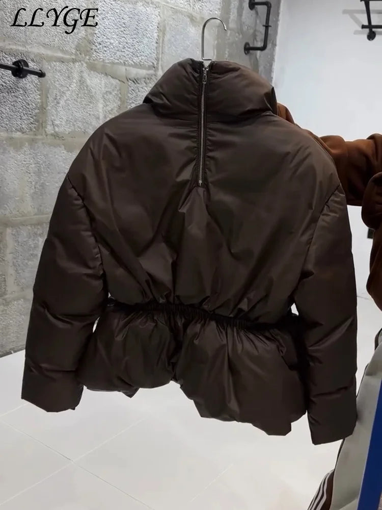Casual Women's Waist Cinched Padded Cotton Coats Stand Collar Zipper Full Sleeve Coat 2026 Autumn Winter Lady Down Jacket New