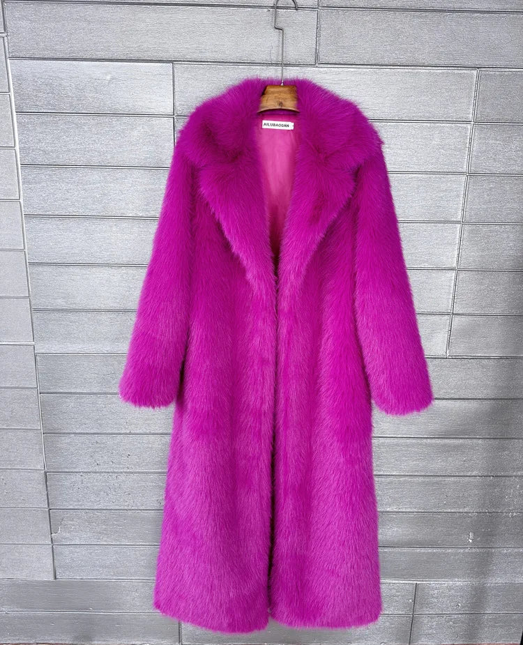 Long Faux Fur Coat Women Autumn Winter Large Jacket Overcoat White Turn Down Collar Pockets Thick Coat Warm Jackets Maxi Coats