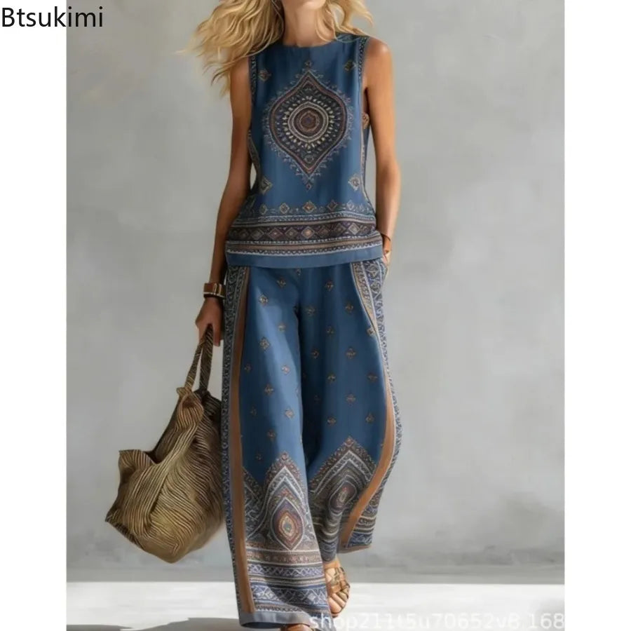 New Fashion Retro Printed Sleeveless Tops Trousers 2-piece Sets Women's Summer Casual Vest Loose Wide Leg Trousers Female Suit
