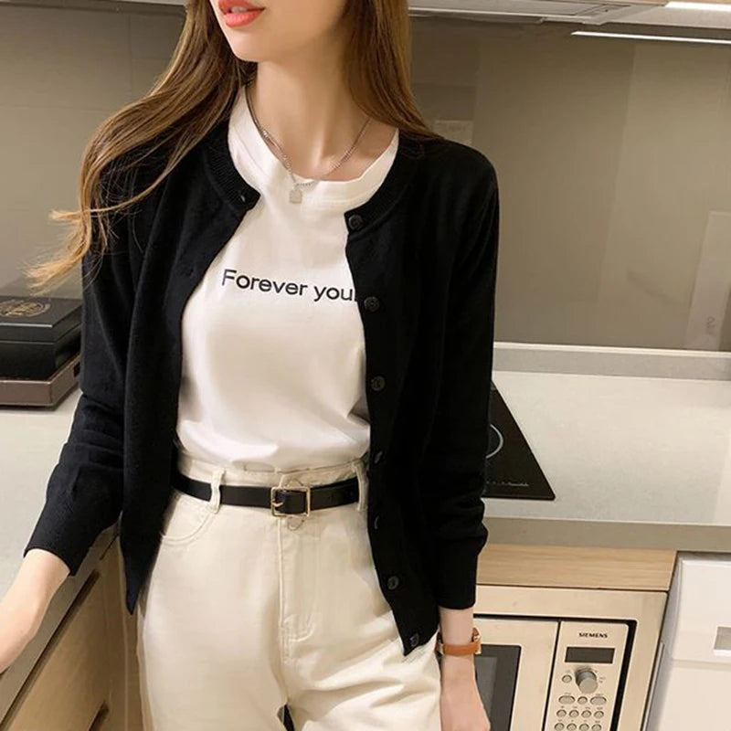 Rimocy Knitted Cardigan Jacket Women 2025 Spring Autumn Round Neck Casual Cardigans Woman Solid Color Slim Korean Jumpers Female