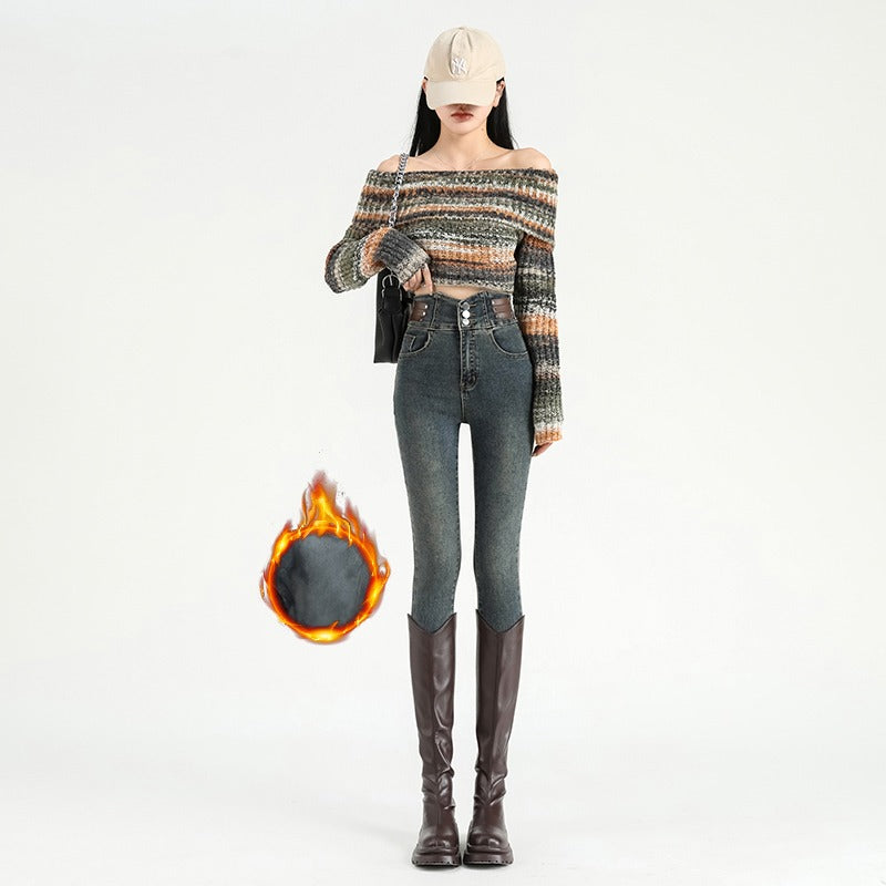 High Waist New Women's Fleece Jeans Winter Warm Thermal Slim Blue Black Fashionable Casual Velvet Elastic Pencil Denim Trousers