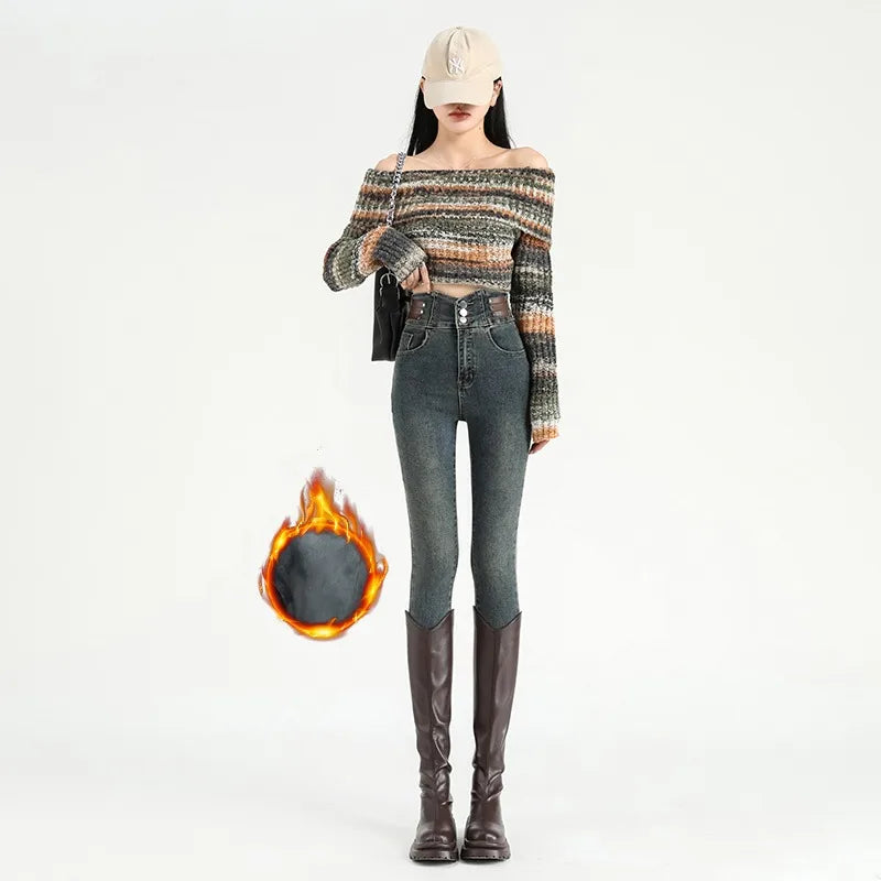 High Waist New Women's Fleece Jeans Winter Warm Thermal Slim Blue Black Fashionable Casual Velvet Elastic Pencil Denim Trousers