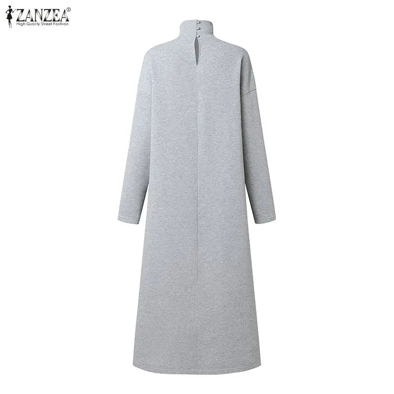 ZANZEA Fashion Sweatshirt Dress Women Casual Turtleneck Long Sleeve Solid A-Line Midi Dresses for Woman FW 2025 Cozy Warm Robes